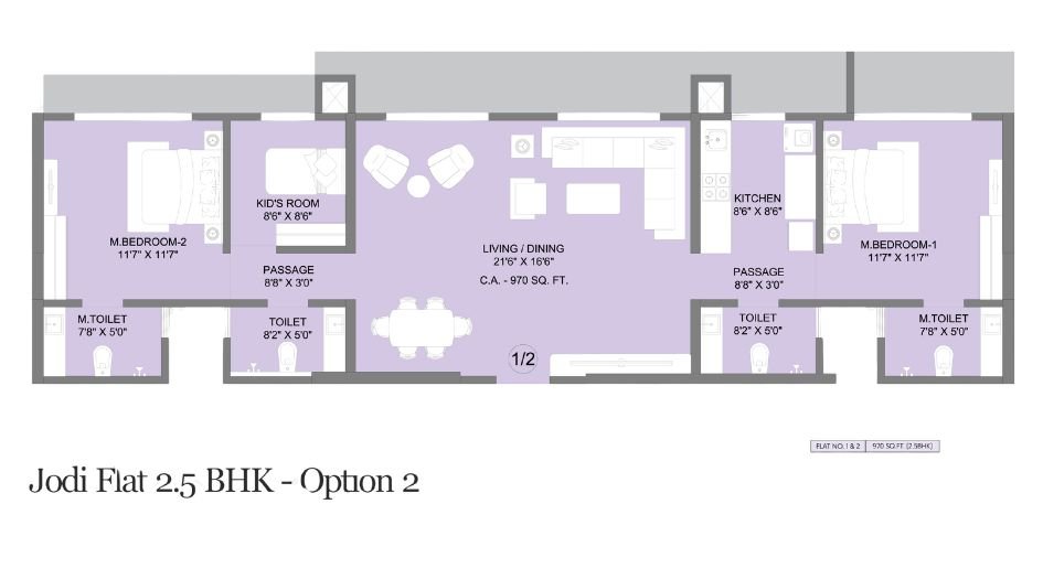 Ajmera-Boulevard-Floor-Plan-2.5 BHK-Jodi-Unit-Option-2-970 Sqft